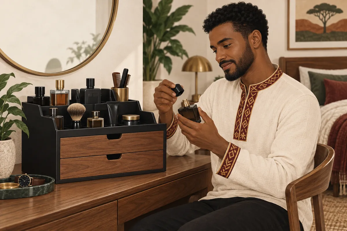 Illustration of the cologne & grooming organizer stand