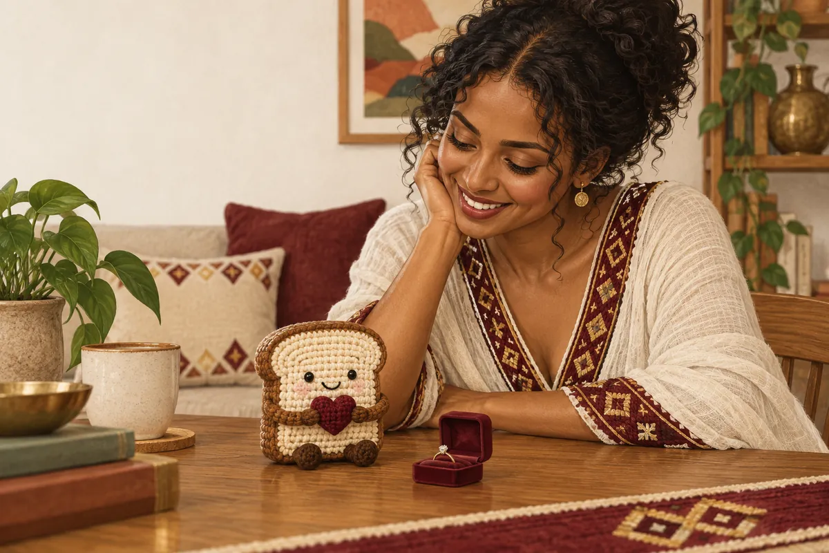 Illustration of the crocheted “little toast” engagement keepsake