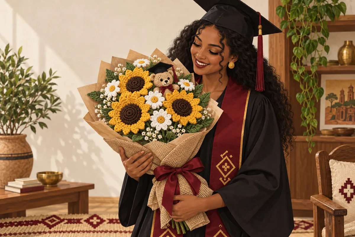 Illustration of the crocheted graduation flower bouquet
