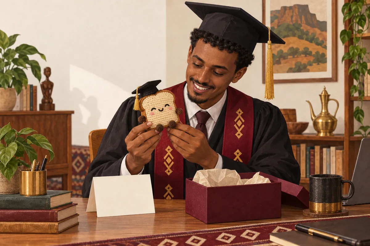 Illustration of the crocheted graduation toast with card
