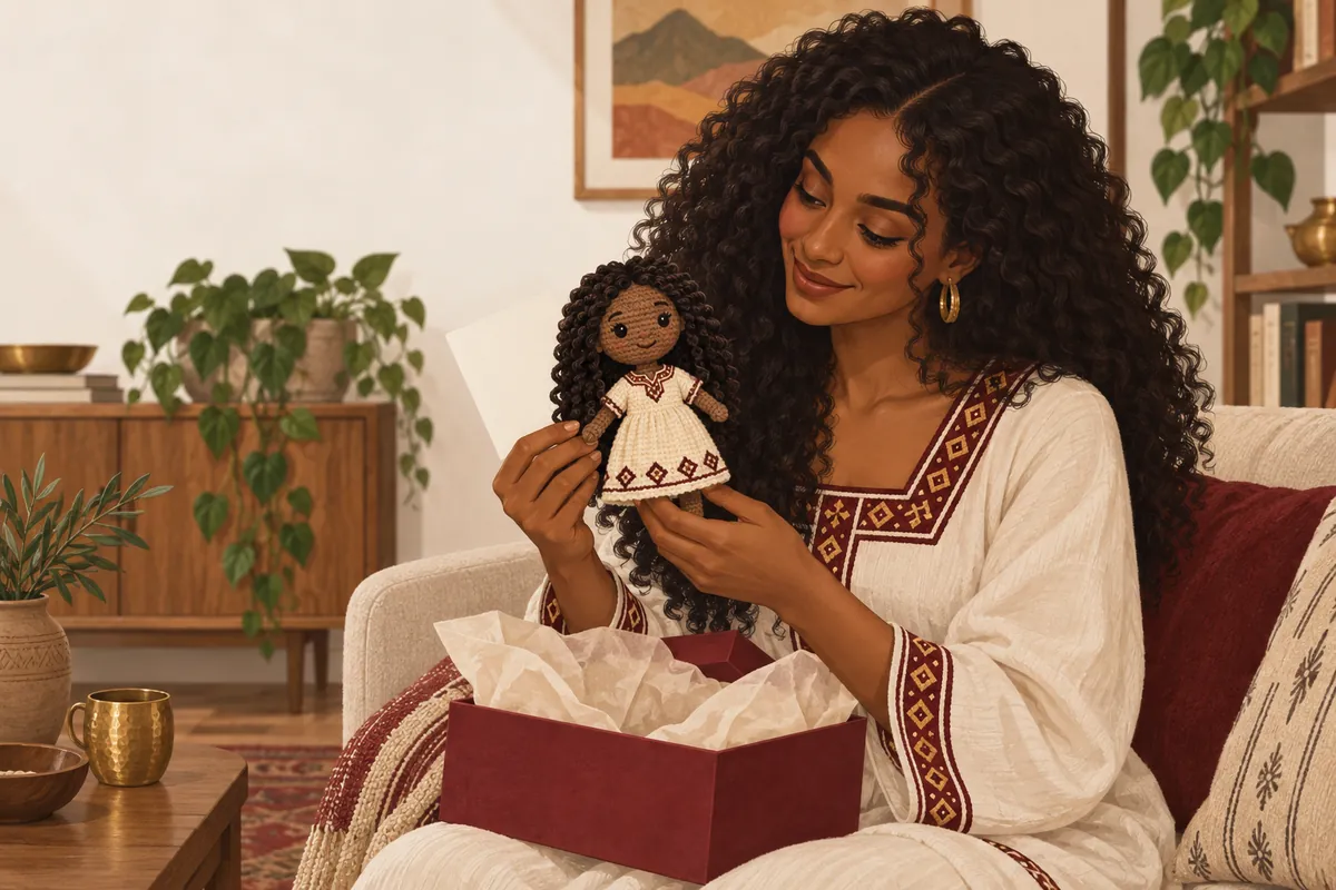 Illustration of the handmade crochet doll with card