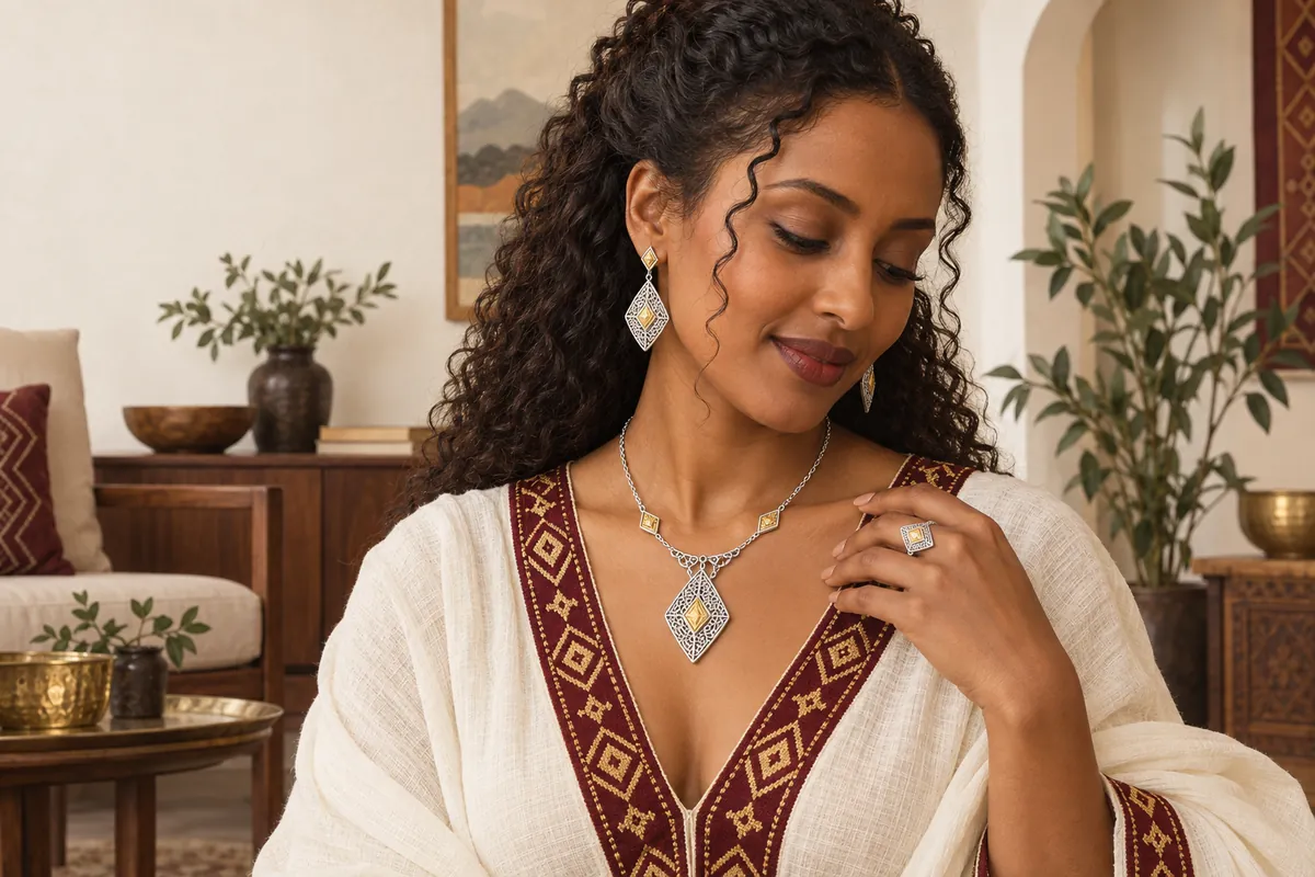 Illustration of the eritrean necklace, earring & ring set