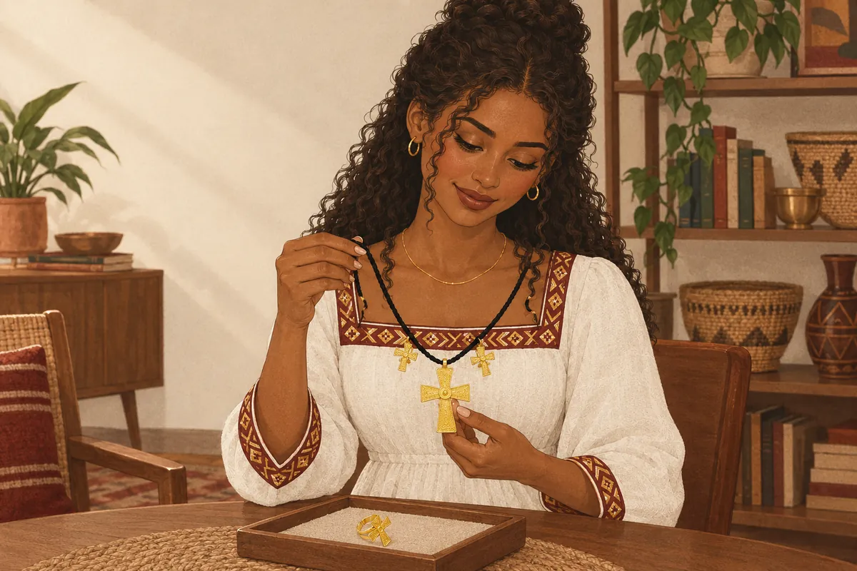 Illustration of the habesha cross necklace & earring set