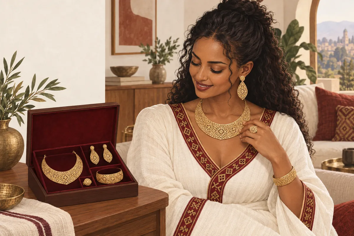 Illustration of the habesha necklace, earring, ring & bangle set
