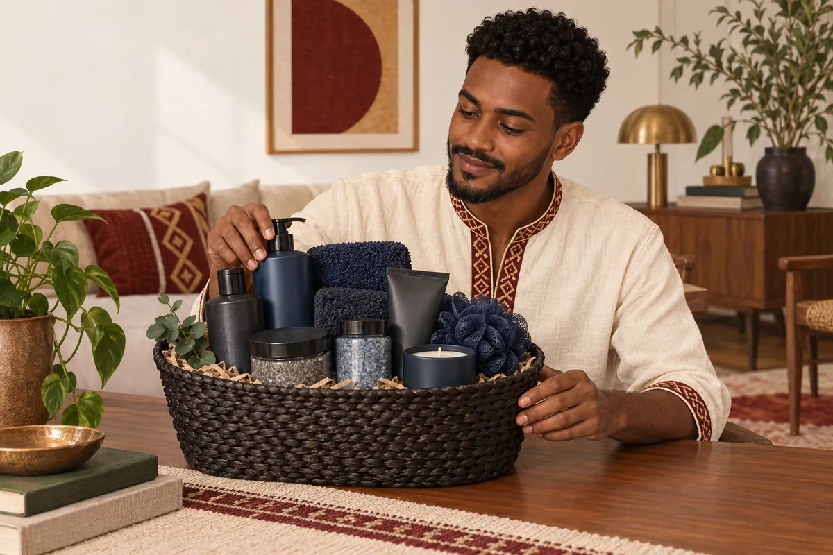 Illustration of the men's full-size spa gift basket