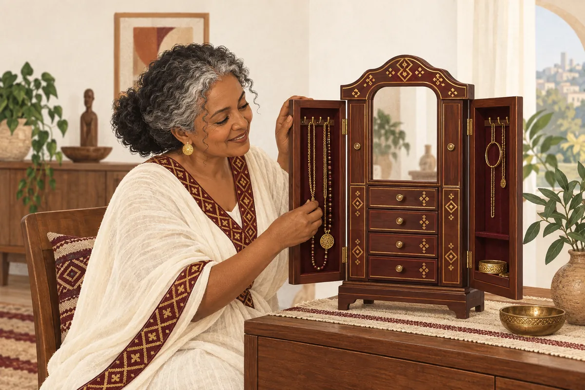 Illustration of the painted wooden jewelry armoire