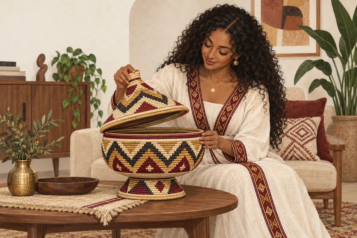 Illustration of the woven mesob-inspired basket